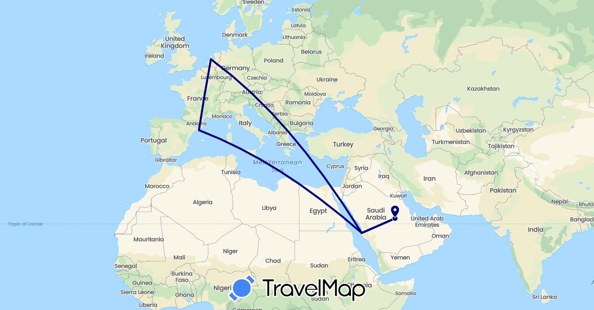 TravelMap itinerary: driving in Spain, Netherlands, Saudi Arabia (Asia, Europe)